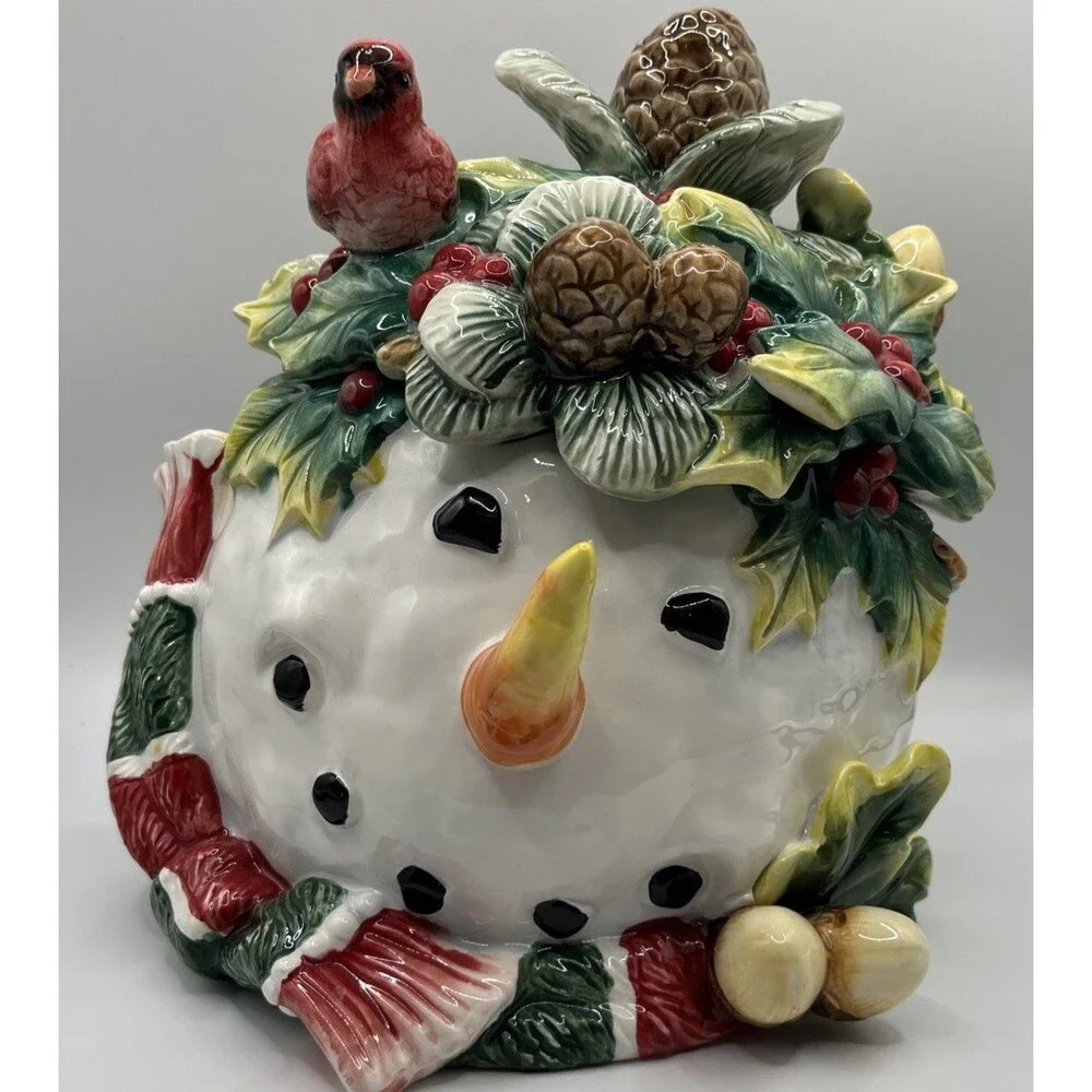 CHRISTOPHER RADKO ROUND SNOWMAN CARDINAL COOKIE JAR CHRISTMAS NEW 10 IN X 9IN